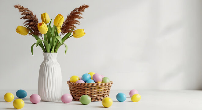 Happy easter celebration with colorful eggs and spring flowers