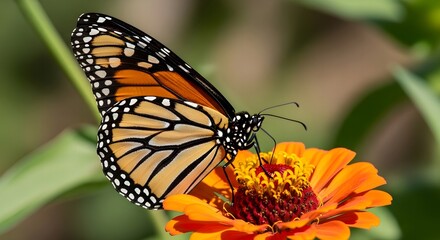 Obraz premium Monarch butterfly feeding on a bright orange flower, showing detailed wing patterns in a natural garden setting
