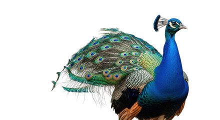 Fototapeta premium Isolated peacock with colorful tail feathers standing against a clear background, majestic bird