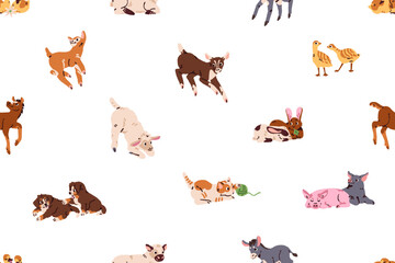 Repeatable pattern of baby farm animals and funny pets. Endless background of cute little bunnies, playing puppies, kittens, foals, lambs, lying calves and piglets. Flat seamless vector illustration © Paper Trident