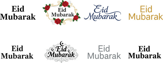 Collection of Eid Mubarak typography designs featuring elegant Islamic calligraphy styles, decorative floral frames, modern and classic lettering, perfect for Ramadan greeting cards branding © Hey there