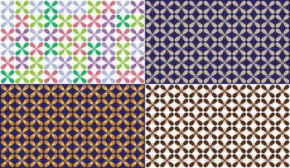 Vibrant and elegant geometric patterns in four color palettes for decorative backgrounds.