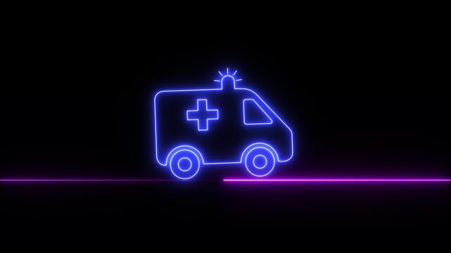 Neon Glowing Colorful transport on way road ambulance icon animation. Ambulance emergency service. Medical rescue service video footage.