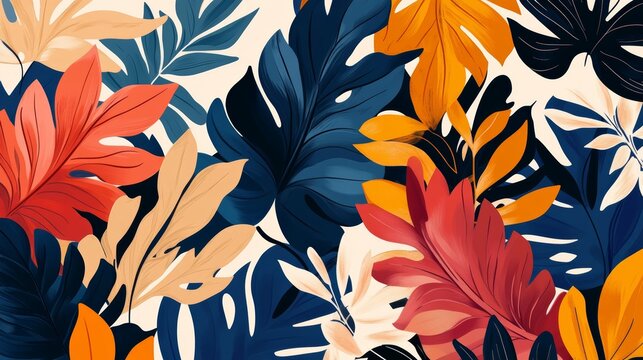 54.Artistic flat design using large leafy figures and floral shapes, cohesive color blending, abstract arrangement perfect for modern decorative themes