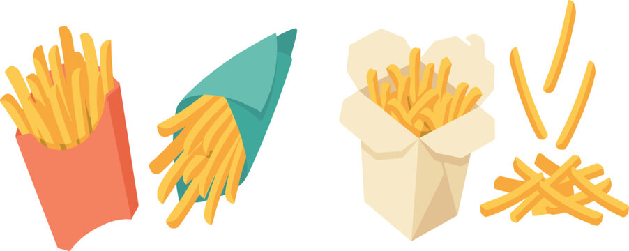 French fries in different packaging set with takeaway box paper wrap and scattered potato sticks fast food snack collection for menu design.