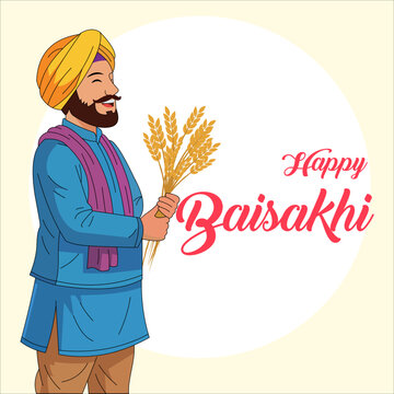 Happy Baisakhi Greeting Card with Punjabi Farmer Holding Wheat Sheaves Flat Vector Illustration