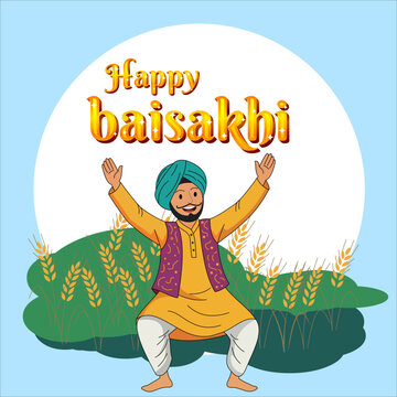 Happy Baisakhi Festival Greeting with Punjabi Farmer Dancing in Wheat Field Flat Vector Illustration