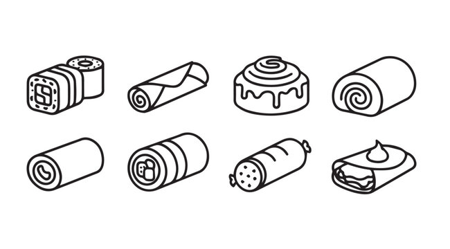 Assorted Rolled Food Items Icons: Sushi Spring Roll Cinnamon Roll Swiss Roll Sausage BurritoVector Art