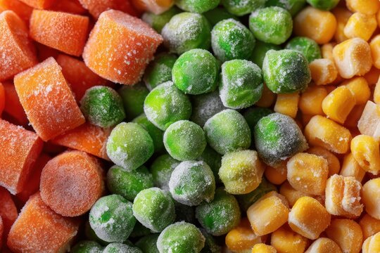 Mixed frozen vegetables with frost detail