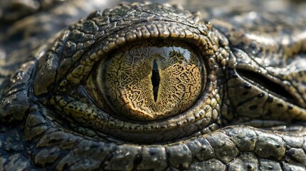 Intense close-up of a crocodile's reptilian eye, showcasing its detailed scales and primal gaze.