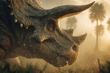 Fototapeta premium Detailed Triceratops head in ancient meadow