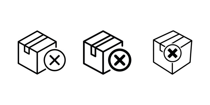 Declined delivery or canceled order concept vector line icon illustration, box with cross mark, undelivered package, return goods