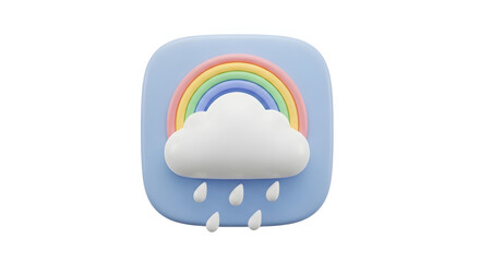 Obraz premium A cute 3D rendered weather application icon featuring a colorful rainbow, a white cloud, and falling raindrops on a soft blue rounded square.
