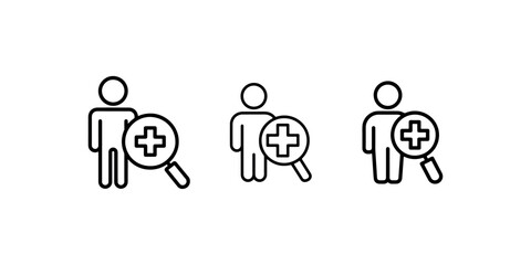Fototapeta premium Stylized outline icons of person with magnifying glass and plus sign for health check or medical examination.