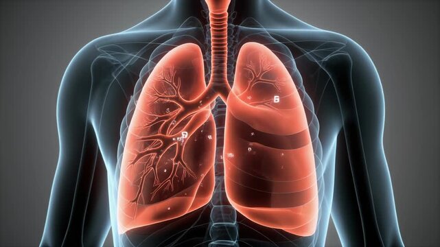 Detailed 3D visualization of human lungs and trachea in a transparent body model from a frontal viewpoint