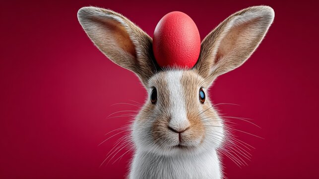Rabbit with large red egg balanced on its head, set against a vibrant red background, showcasing a playful and whimsical Easter-themed design