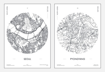 Detailed street map of Seoul, the capital of South Korea, and Pyongyang, the capital of North Korea, in a circle, black and white printable travel urban poster, vector illustration