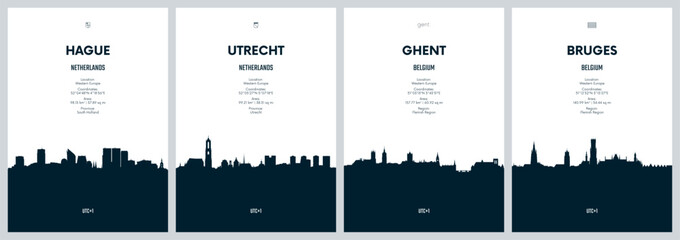 Travel vector set with detailed cities skylines of the Netherlands and Belgium Hague, Utrecht, Ghent, Bruges urban minimalistic poster