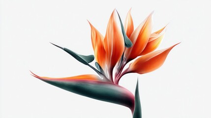 Exotic Bird of Paradise flower with vibrant orange petals and green leaves against white background