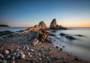 Serene coastal rocks meeting tranquil waters at golden hour