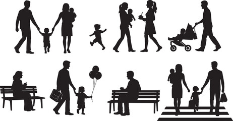 Fototapeta premium Collection of black silhouette figures representing families, including parents with children, a baby carrier, a stroller, and people enjoying leisure time on benches, ideal for graphic design.