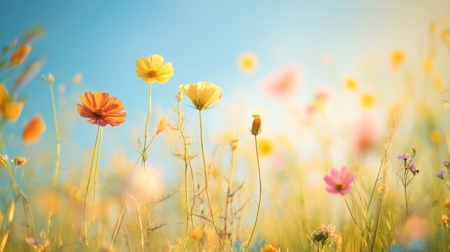 112.Wide meadow filled with colorful wildflowers and tall grasses swaying gently in warm sunlight, bright blue sky above, soft golden glow highlighting vibrant natural colors