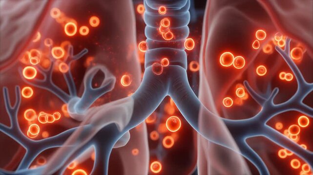 Detailed 3D visualization of virus particles infecting human lungs with intricate airway structures and alveoli, referencing 4_prob3.mp4 for relevance
