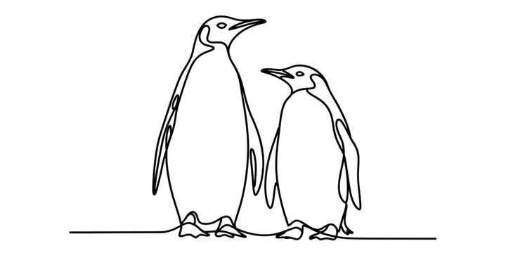 Continuous line drawing of two emperor penguins standing side by side on a white background.