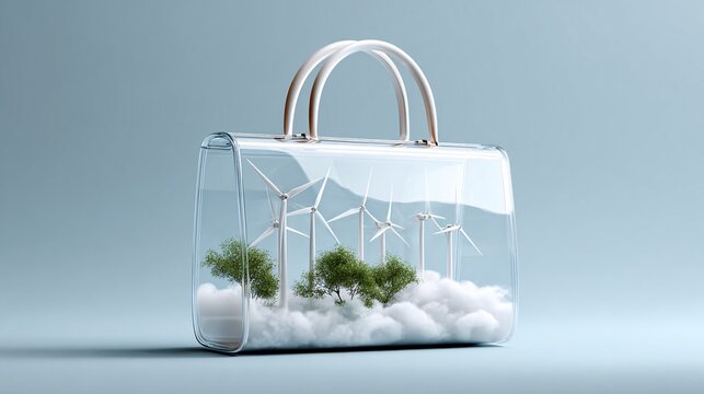 A 3D transparent briefcase filled with miniature wind turbines and sunlight, floating in a soft blue void, ESG investing theme