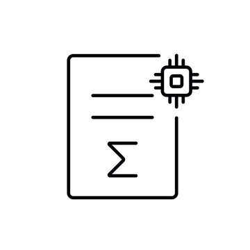 A vector icon representing AI-powered summarization of a document, showing a sum symbol and AI marker, created in line style with editable stroke