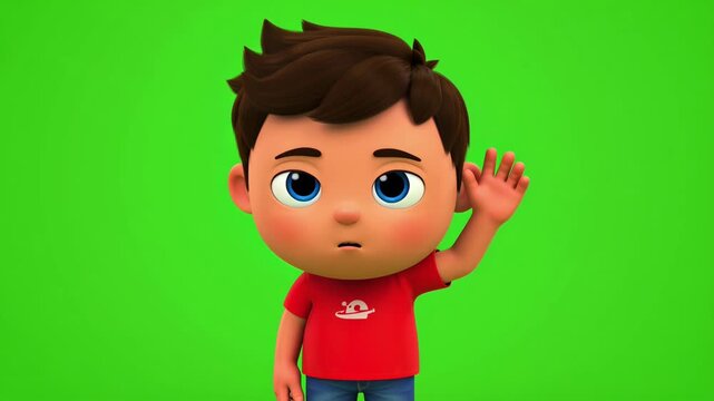 Curious cartoon boy with hand to ear on green screen animation of child eavesdropping or listening carefully