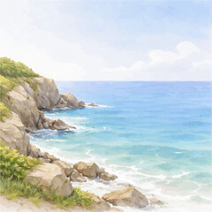 Fototapeta premium Minimalist Beach Watercolor Illustration with Copy Space