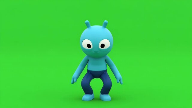 Sad blue alien cartoon character standing on green screen animated graphic ready for compositing and keying perfect for childrens story or educational video