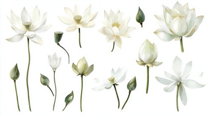 Fototapeta premium 5.Artistic set of white lotus motifs rendered with fluid brushstrokes, pale tones, and subtle hints of green, individually isolated on a bright white background