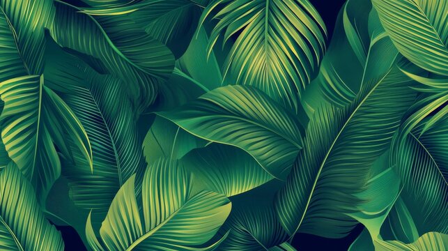 102.Decorative nature-inspired seamless pattern with stylized palm leaves, organic curves, rich green gradients, smooth repeating arrangement suitable for textile or wallpaper design