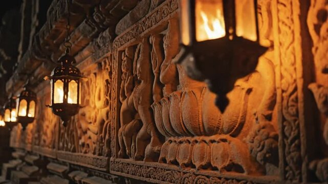 Ornate lanterns illuminate intricately carved wall decorations in a serene cultural setting from a close-up viewpoint.