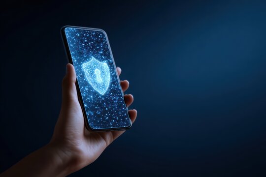 Hand holding smartphone with security icon