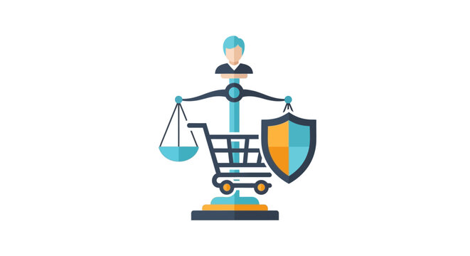 Vector illustration of a person holding a scale and shield next to a shopping cart on World Consumer Rights Day, symbolizing consumer protection and safe transactions in online shopping.