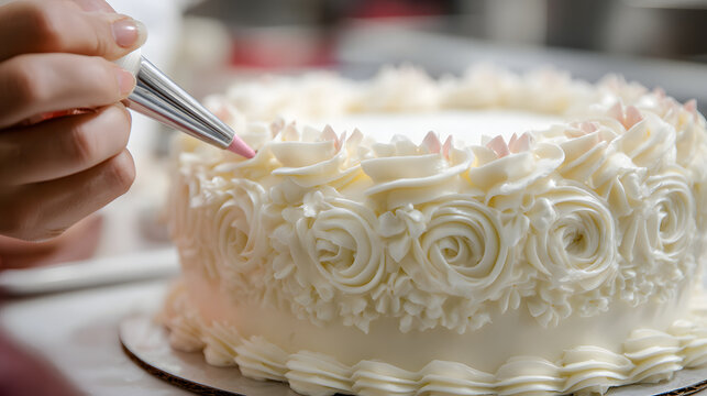 White buttercream rosette cake being piped by hand with pastry tip, close up of decorative frosting and floral swirl details