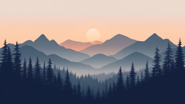 118.Flat vector landscape featuring layered mountain silhouettes, minimalistic color gradients, dense forest foreground with simple geometric tree shapes, soft atmospheric depth