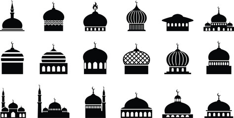 Mosque dome silhouettes collection with islamic architecture buildings, black vector icon set featuring minarets and masjid structures isolated on white background for design