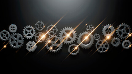 Abstract visualization of a group of gears of varying sizes in motion against a dark background. Concept of high-tech industry and manufacturing. Motion blur, dynamic illustration.