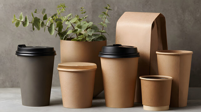 Kraft paper coffee cup and eco packaging lineup with plant accent conveying sustainable takeaway beverage concept