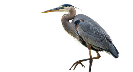 Obraz premium Isolated great blue heron portrait, standing with one foot raised, hunting in natural environment