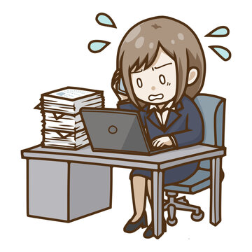 忙しく電話対応やデスクワークをするビジネスウーマンのイラスト（過労・業務過多）