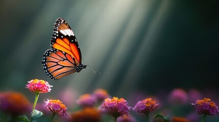Obraz premium Monarch butterfly gracefully flies over vibrant flowers bathed in ethereal sunbeams