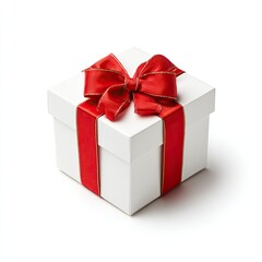 Obraz premium Square white gift box tied with red ribbon and bow, shadow on white background