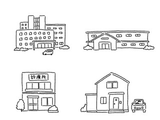 建物のイラストセット（病院、老人ホーム、施設、診療所、自宅）、線画