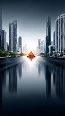 Fototapeta premium Modern canal cityscape with traditional pavilion boat at sunrise, calm water reflection, highrise skyline and riverside trees