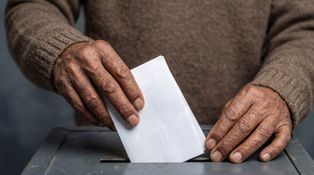Senior Black man casting a ballot at a voting box.